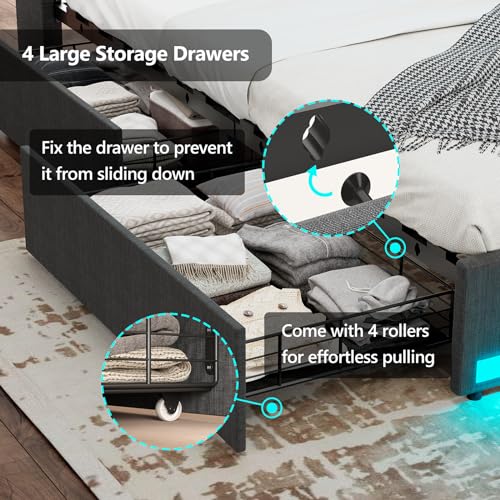 CSZZD Queen Bed Frame with LED Lights & 4 Drawers, Upholstered Platform Queen Bed Frame with Storage Headboard & Charging Station, Light up Metal Bed Frame Queen Size, No Box Spring Needed, Dark Grey