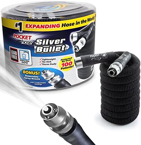 Pocket Hose Silver Bullet 25 ft Turbo Shot Nozzle Multiple Spray Patterns Expandable Garden Hose 3/4 in Solid Aluminum Fittings Lead-Free Lightweight and No-Kink
