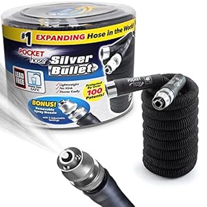 Pocket Hose Silver Bullet 25 ft Turbo Shot Nozzle Multiple Spray Patterns Expandable Garden Hose 3/4 in Solid Aluminum Fittings Lead-Free Lightweight and No-Kink