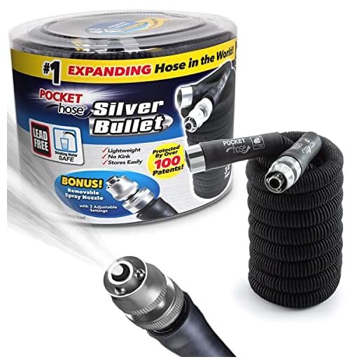 Pocket Hose Silver Bullet 25 ft Turbo Shot Nozzle Multiple Spray Patterns Expandable Garden Hose 3/4 in Solid Aluminum Fittings Lead-Free Lightweight and No-Kink