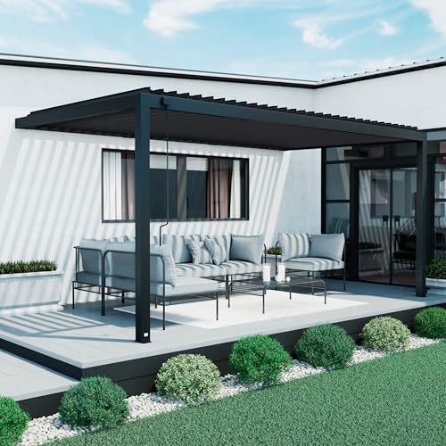 Image of Backyard Discovery Evanston 18'x10' Galvanized Steel Wall-Mounted Louvered Pergola Kit with Adjustable Roof, Shade, Rain Protection, High-Wind Rating, PowerPort, Gutter System for Outdoor Patio, Deck