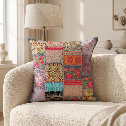 Image of Ravaiyaa - Attitude is everything Set of 5 Handmade Khambadiya Patchwork Cotton Cushion Cover 16X16 Inch | Decorative Cotton Throw Pillow Covers | Bohemian Vintage Embroidered Sofa Cushions
