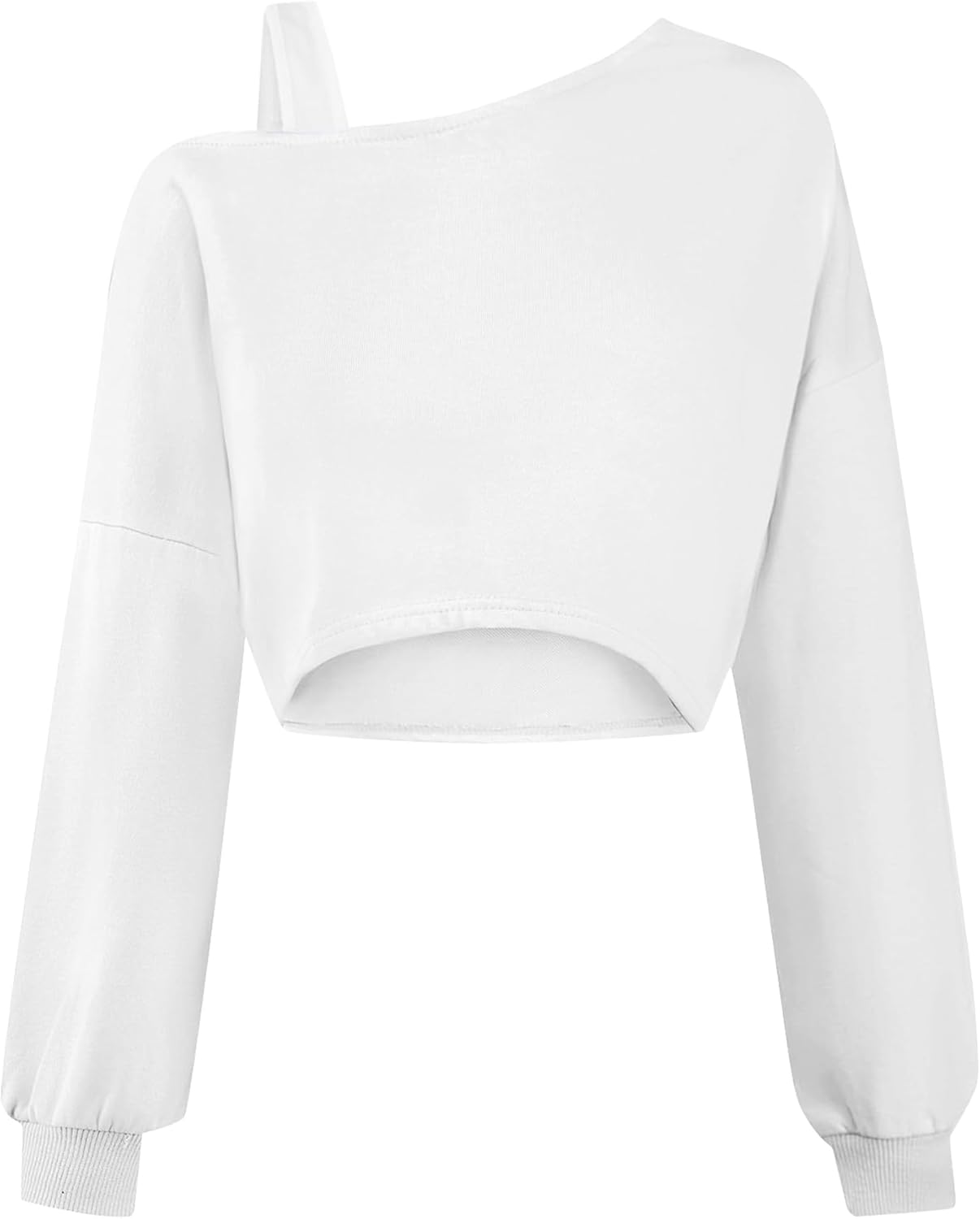 Remidoo Off The Shoulder Sweatshirt Long Sleeve Crop Top Cropped Asymmetrical Neck Shirt White X-Small