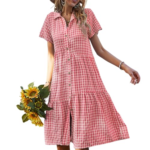 Generisch Damen Sommer Karohemdkleid mit Knopfleiste, Midi-Langkleid, Gingham-Muster, 2025 (Rot,L)