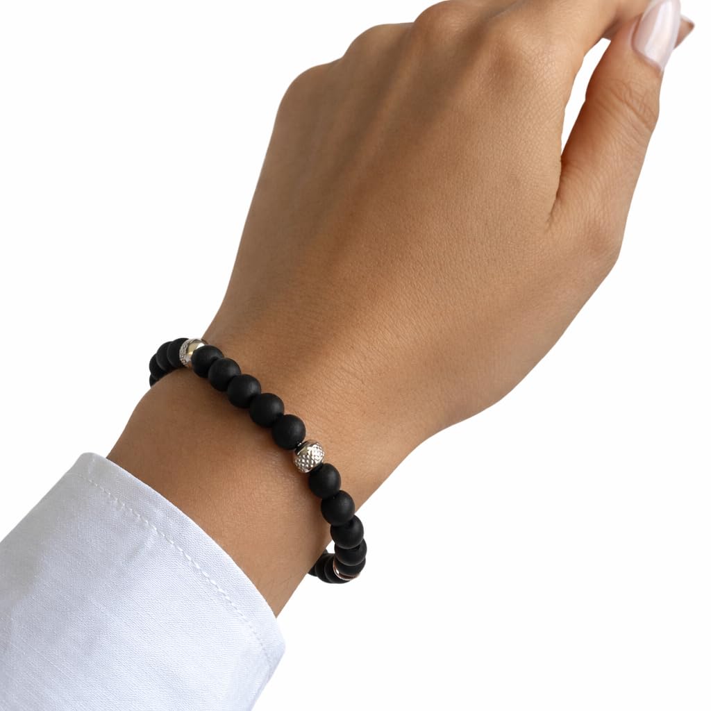10:10 Jewels Bransoletka męska i damska z 0,64 cm naturalnymi czarnymi kamieniami, bransoletka męska lub damska z diamentowymi koralikami ze stali nierdzewnej i bardzo wytrzymała, wyprodukowana we