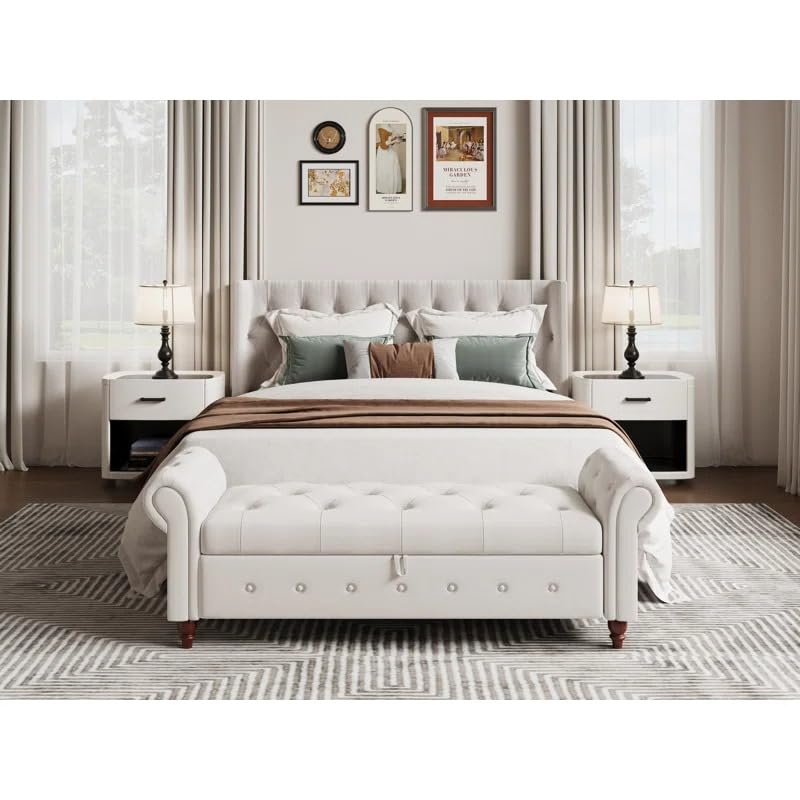 Image of LEGACY OF COMFORT F4 Velvet Upholstered Storage Bench Ottoman 2 Seater Sofa Chaise Lounger or Living Room Bedroom Office (Beige Velvet)