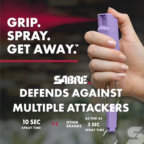 Image of Sabre Pepper Spray - Quick Release Keychain for Easy Carry & Fast Access, Max Police Strength Self Defense OC Spray with UV Dye, 10 Sec. Spray Time, Finger Grip - Faster Aim, 0.54 fl oz,Secure Safety