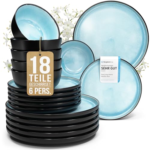 Steingut Geschirrset 6 Personen Ibiza 18 tlg. TESTSIEGER, Traumhaftes Mediterranes Steingut Geschirr Set, Schüssel- und Teller Set, Tafelservice 6 Personen, Geschirrsets Pure Living in Aquamarin