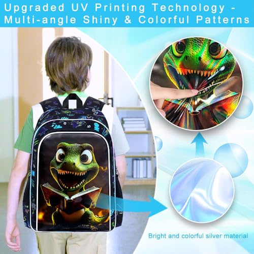 Image of 3Pcs Dinosaur Backpack, Boys Kids Bookbag with Lunch Box, 16 inch Dino School Backpacks for Elementary Preschool Kindergarten (Black)