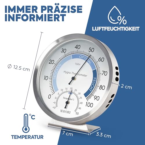 MAVORI® 2in1 Hygrometer innen analog und Thermometer analog innen aus Edelstahl - Thermometer Hygrometer...
