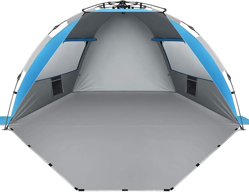 X-Large 4-Person UV Beach Tent with 6 Sand Pockets, Blue | Quick setup shade includes a carrying bag, stakes and weighted corners for windy days, fishing trips, hiking and camping