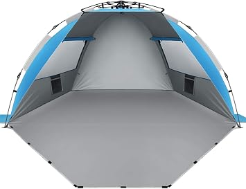 Oileus X-Large 4-Person UV Beach Tent with 6 Sand Pockets, Blue | Quick setup shade includes a carrying bag, stakes and weighted corners for windy days, fishing trips, hiking and camping