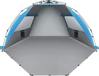 Oileus X-Large 4 Person Beach Tent Sun Shelter - Portable Sun Shade Instant Tent for Beach with Carrying Bag, Stakes, 6 Sand Pockets, Anti UV for Fishing Hiking Camping, Waterproof Windproof, Blue