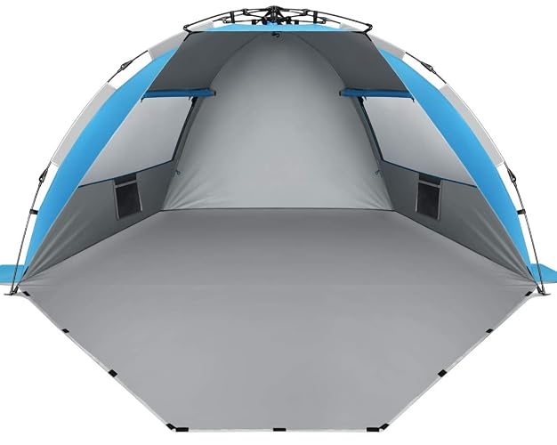 Oileus X-Large 4-Person UV Beach Tent with 6 Sand Pockets, Blue | Quick setup shade includes a carrying bag, stakes and weighted corners for windy days, fishing trips, hiking and camping