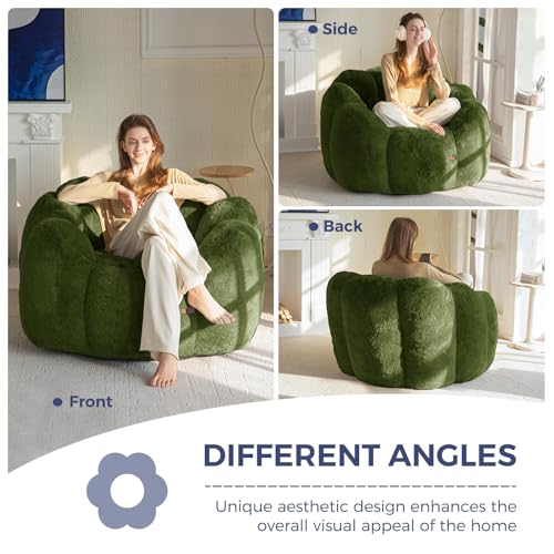 Image of MAXYOYO Bean Bag Chair for Adults, Floral Shaped Bean Bag Sofa, Ultra Soft Faux Fur Floor Sofa, Large Reading Chair for Living Room Bedroom, Green, Single