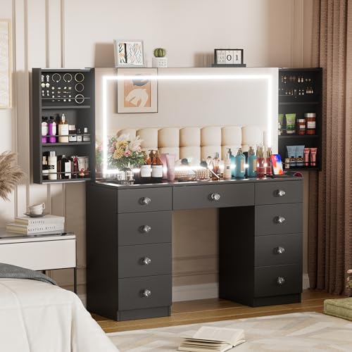 CASANOOKK Makeup Vanity Desk with Large Mirror and Lights Vanity Table with Glass Top 9 Drawers 3 Color Modes Sliding 2 Wall Mounted Jewelry Storage Racks Suitable for Bedroom Ladies and Girls (Black)