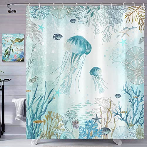 Neasow Nautical Shower Curtain, Teal Jellyfish Beach Shell Sea Life Shower Curtains With 12 Hooks, Coral Bathroom Curtain 72"×72" #TOP5