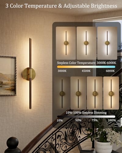 Image of 40 inch Battery Operated Wall Sconce Set of 2, 350 Rotating Lamp, Walnut Gold | Wireless, 8000mAh Rechargeable Battery, Stepless Dimming, 3000K-6000K, Remote & Touch Control, Timer, Living Room, Bedroom