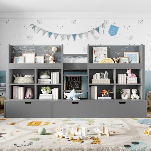 Image of Twin Size Low Loft Bed for Kids with Storage Shelves, Play Curtain & Chalkboard,Space-Saving Design,No Box Spring Needed (Gray-S7)