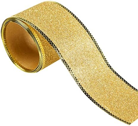 5 Yards Gold 2.5 Inch Wide Wired Edge Glitter Shiny Ribbon Roll Sparkly Fabric Gorgeous Ribbon for Arts Crafts Sewing for Christmas Tree Bows Floral Wreath Craft Gift Wrapping (Gold)