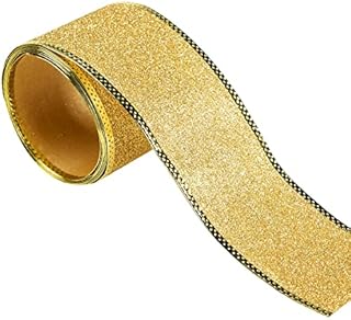 5 Yards Gold 2.5 Inch Wide Wired Edge Glitter Shiny Ribbon Roll Sparkly Fabric Gorgeous Ribbon for Arts Crafts Sewing for Christmas Tree Bows Floral Wreath Craft Gift Wrapping (Gold)