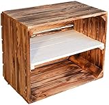 Maße ca 49 x 42 x 31 cm flambierte/geflammte Bücherregal - Schuhregalkiste mit Zwischenbrett/Mittelbrett Einlage ca 50x40x30cm / Apfelkisten Weinkisten Holzkisten aus dem Alten Land (GEFLAMMT MIT WEISSER Einlage LÄNGS)