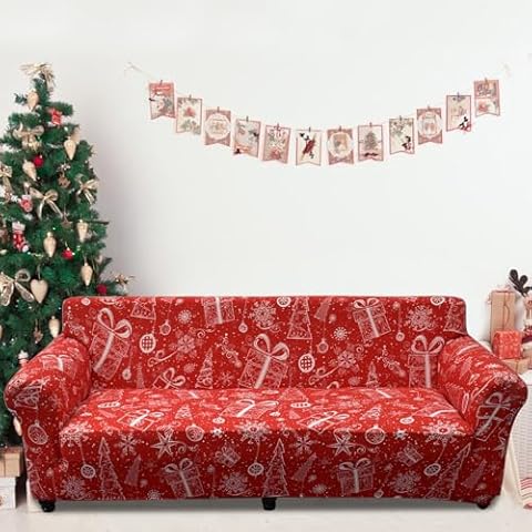 Drucon Christmas Sofa Cover Christmas Tree Snowfake Couch Cover Christmas Theme Red Sofa Slipcover for Living Room(2 Seater/Loveseat) Cover