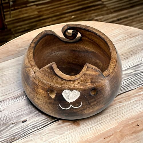 Image of Wooden Yarn Bowl for Crocheting Handmade Wool Storage Yarn Bowl with Holes Knitting Gifts for Women Crochet Accessories (Brown)