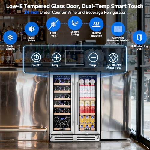 Image of BODEGA COOLER Wine and Beverage Refrigerator, 24 Inch Dual Zone Wine Fridge, Holds 20 Bottles and 74 Count, French Doors, Under-counter or Freestanding Wine Cooler, Beverage Fridge with Tempered Glass