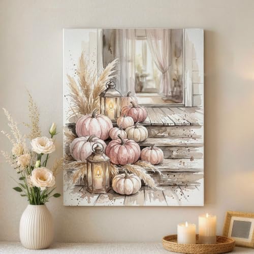 Lienzo de calabazas otoñal: cuadros decorativos en melocotón apagado para pared