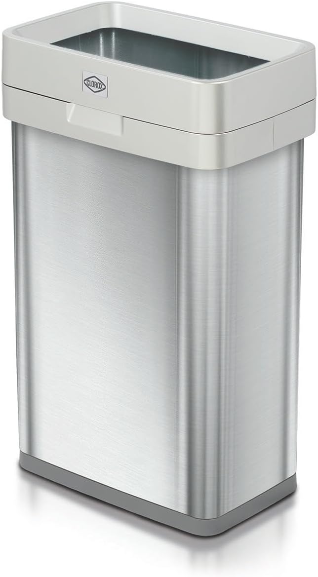 Clorox 13 Gallon Trash Can - 50L Slim Open Top Garbage Bin for Commercial Spaces, Kitchen, Office - Narrow Rectangular Stainless Steel Body with Hinged Rim and Clorox Protection