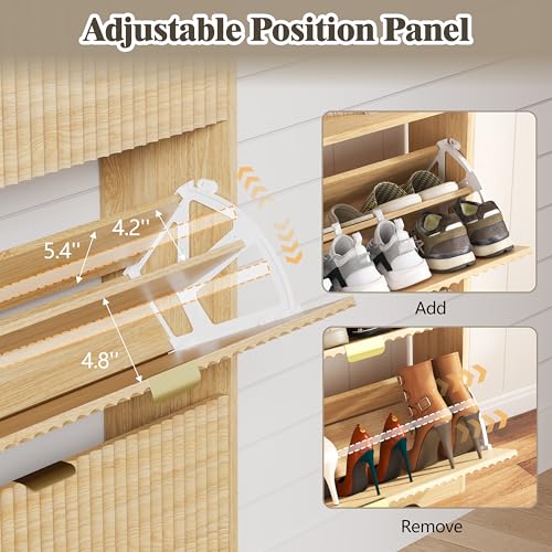 Image of HUANLEGO Shoe Cabinet Storage for Entryway with 2 Flip Drawers, Fluted Narrow Shoe Organizer with Wooden Legs, Freestanding Slim Shoe Storage Hidden Shoe Rack Organizer for Front Door Entrance, Oak
