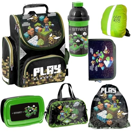 Goldkids Schulranzen Set Jungen 1. klasse 7-teilig Ranzen Tornister Schulrucksack Federmappe Turnbeutel Turnsack Brotdose Trinkflasche Sporttasche Regenschutz Game Pixel Motiv mäppchen