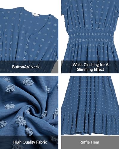 Image of Women Maxi Dresses Boho V Neck Swiss Dot Ruffle Summer Short Sleeve High Waist Tiered Flowy Smocked Cocktail Dresses