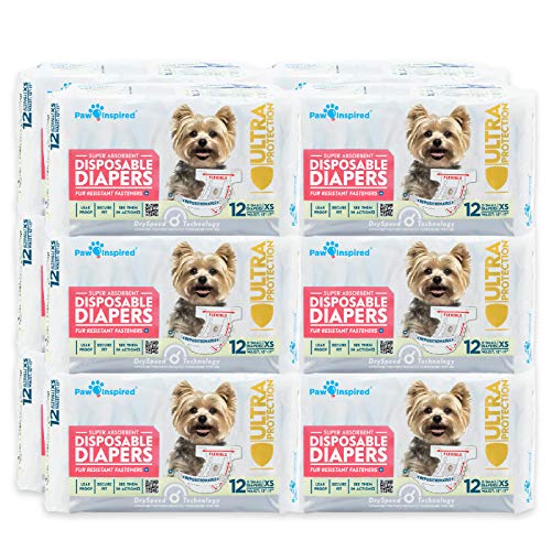 Paw Inspired Disposable Dog Diapers | Female Dog Diapers Ultra Protection |Puppy Diapers, Diapers for Dogs in Heat, or Dog Incontinence Diapers (144 Count, X-Small)
