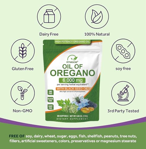 RTMGOB Oil of Oregano Softgels with Black Seed Oil Supplements,2 in 1 Oregano Supplement for Immune Health |Retains High Concentrated Carvacrol & Thymoquinone,Non-GMO-300 Softgels — view 3