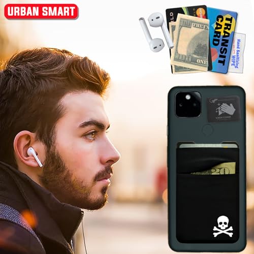 Image of Gecko Travel Tech Double Pocket - Adhesive Card Holder - Cell Phone Pouch - Stick on Lycra Pocket - Carry Credit Cards and Cash - Skull