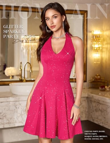 Image of HomRain Glitter Sparkle V Neck Cocktail Dress for Women 2026 A Line Backless Halter Sequin Homecoming Evening Party Dresses