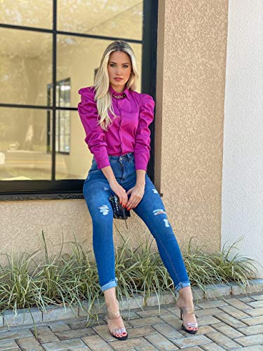 Camisa Feminina Manga Longa Bufante Social Executiva (M, Fúcsia)