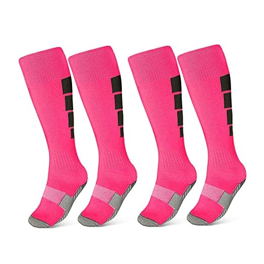 ZEPOHCK Kids Athletic Soccer Socks, 2 Pairs Knee High Socks for Youth Boys Girls for Shoe Size 3-6.5 / Ages 6-12 (Pink-006)