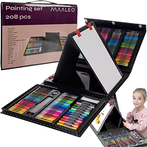Maaleo Caja de pintura para niños, 208 piezas, maletín de pintura, juego de dibujo, rotuladores, lápices de cera, pasteles al óleo, acuarelas, clips de papel 21645