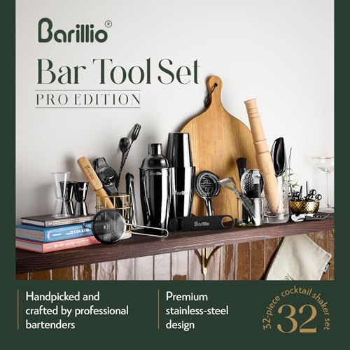 Barillio Bar Tool Set Pro Edition - Black Stainless-Steel Cocktail Shaker Set - Mixology Bartender Kit w/Boston Shaker, Drink Mixer & Muddler for Cocktails - Home Bar Accessories - 32-Pc Bar kit
