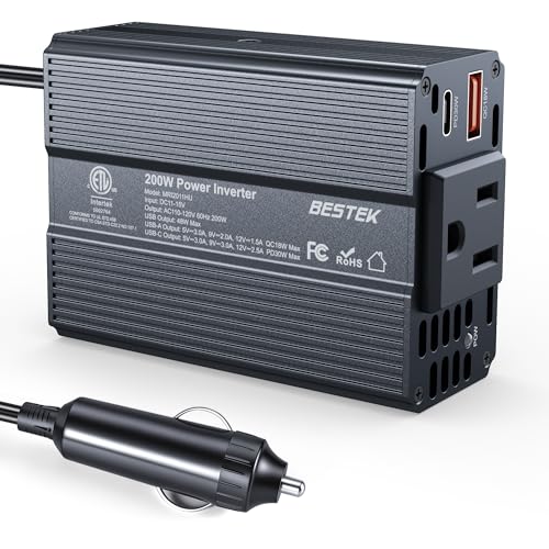 BESTEK Power Inverter DC 12V to AC 110V - 200W Car Plug Adapter Outlet PD 30W USB-C & QC18W USB-A Fast Charging Port - Car Charger Cigarette Lighter Adapter for Phone, Laptop - ETL FCC Certified