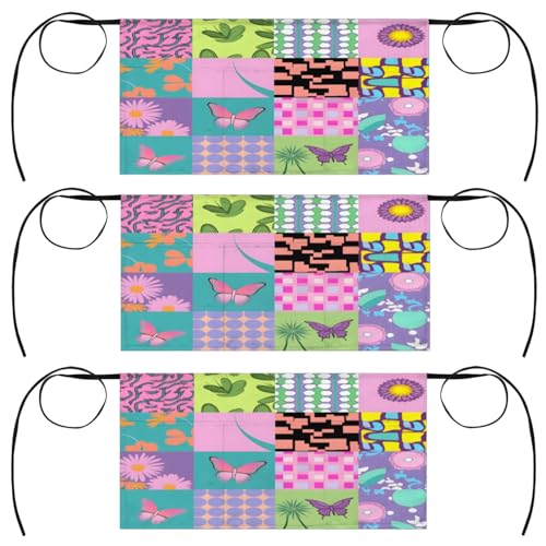 Bohemian Plaid Server Aprons with 3 Pockets Oil-proof Half Aprons Restaurant Bistro Cafe Bars Waitress Waiter Wasit Apron for Women Men 3 Pcs