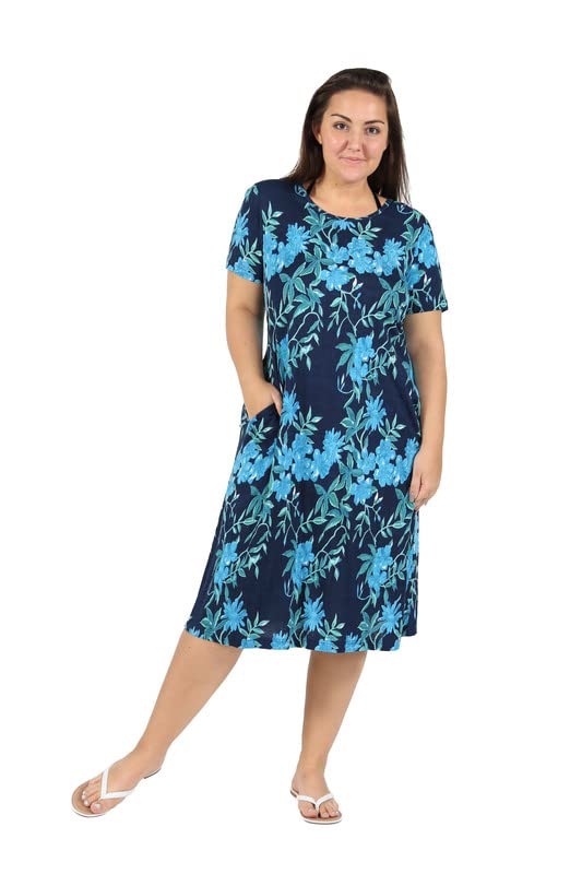Image of LA CERA Women's 100% Cotton Floral A-Line Sun Dress with Side Pockets Midi | Scoop Neck | Short Sleeves | Side Pockets | Floral Print