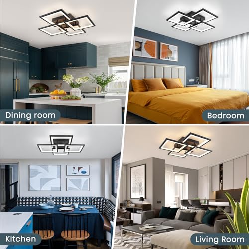 CANEOE LED Deckenleuchte,Dimmbar mit Fernbedienung & APP 4-Quadrat Deckenleuchte 55W 5000LM, Schwarz Deckenlampe für Wohnzimmer, Schlafzimmer, Küche, Flur, Balkon, Esszimmer, 3500-6500K