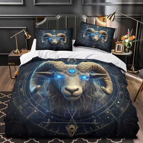 RJAVAGFZL Carnero Astral Impresión 3D 3 Piezas Funda de edredón Arte de fantasía mítica Funda de colchón Microfibra morbida hipoalergénica para Chicos bebés Adultos Super King（260x220cm）