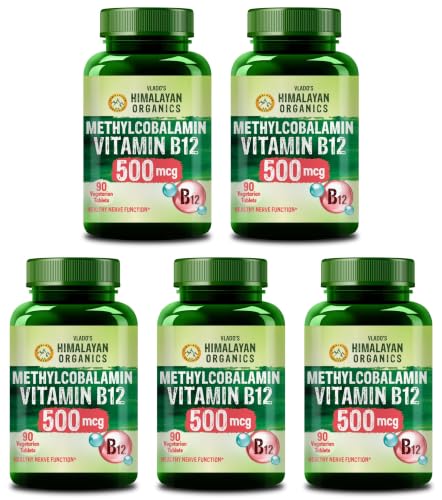 Image of Vlado's Himalayan Organics Vitamin B12 500 MCG Methylcobalamin | 100% RDA Active Form for Memory, Brain, Heart & Immune System Support | Normal Energy Production, High Absorption | 90 Veg Tablets, Pack of 5