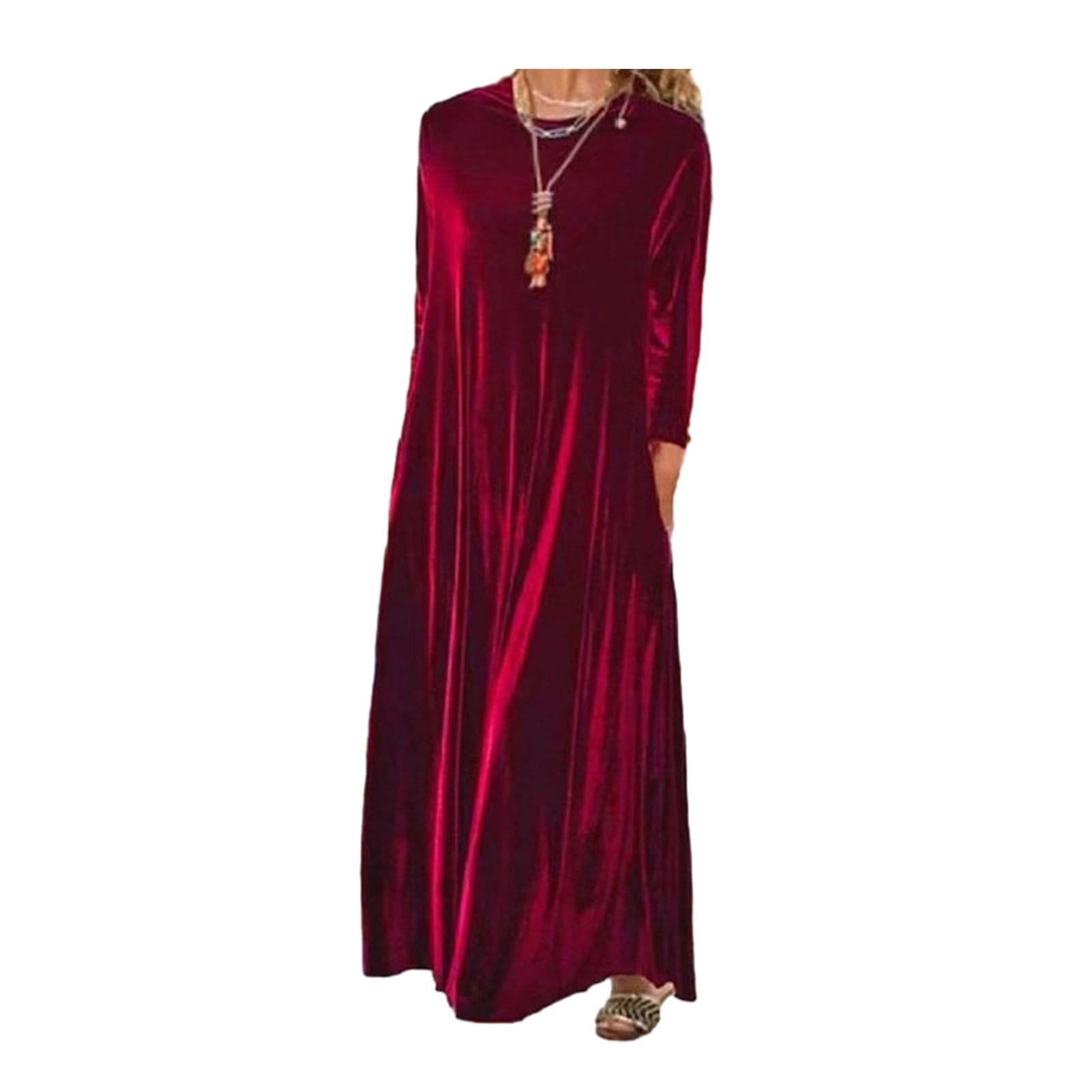 Maxi abito da donna in velluto, casual, girocollo, a maniche lunghe, vestibilità ampia, perfetto come abito per gli ospiti di nozze, ideale per cocktail party, eventi serali