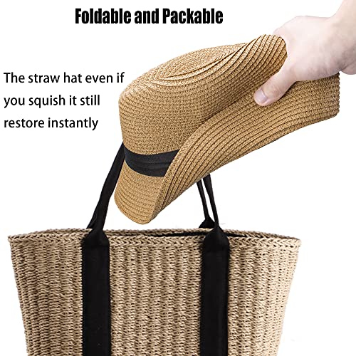 Fedora Straw Sun Hat For Men Women Foldable Short Brim Trilby Hat Panama Adjustable Sun-Hat Upf 50+ (Medium, Khaki) #TOP3
